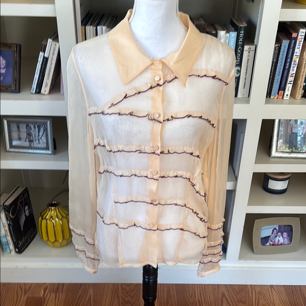 NWT Debbie Shuchat Sheer‎ Apricot & Burgundy Ruffled Women's 100% Silk Top Sz 14